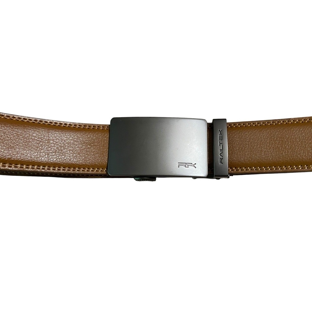 Railtek Men Tan Brown Leather Ratchet Belt Automatic Buckle Holeless Adjustable